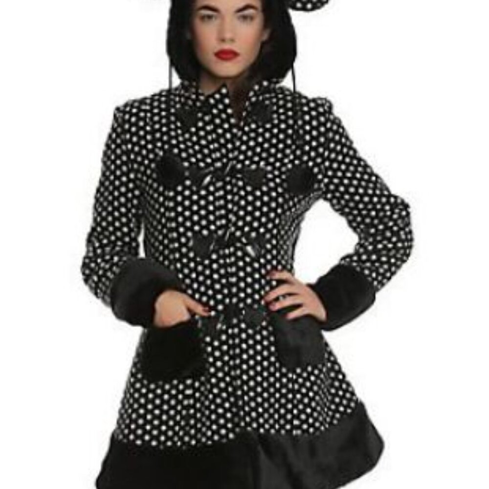 Hot Topic Punk Goth HELL BUNNY Mika Bear Ears Pom Poms Polka Dot Coat - XL